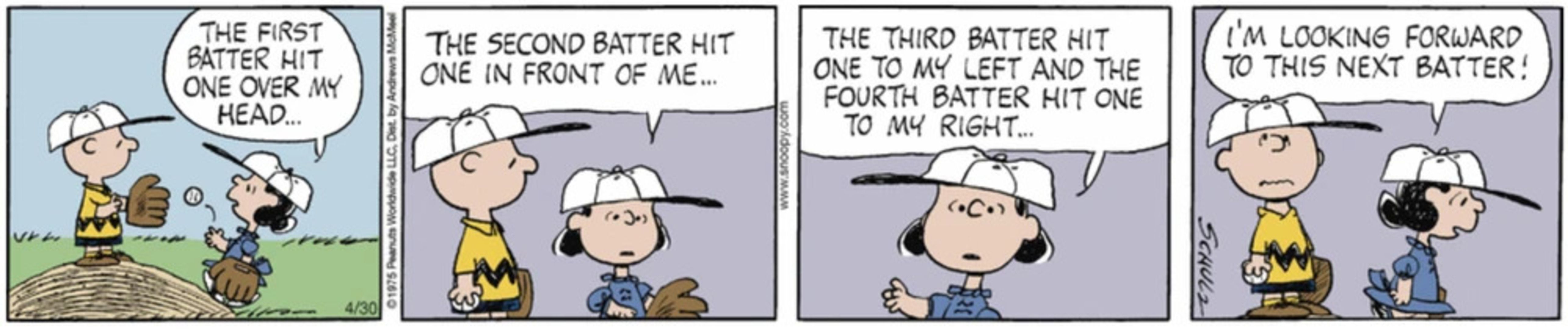 Charlie Brown is exasperated as Lucy explains why she failed to catch successive fly balls.