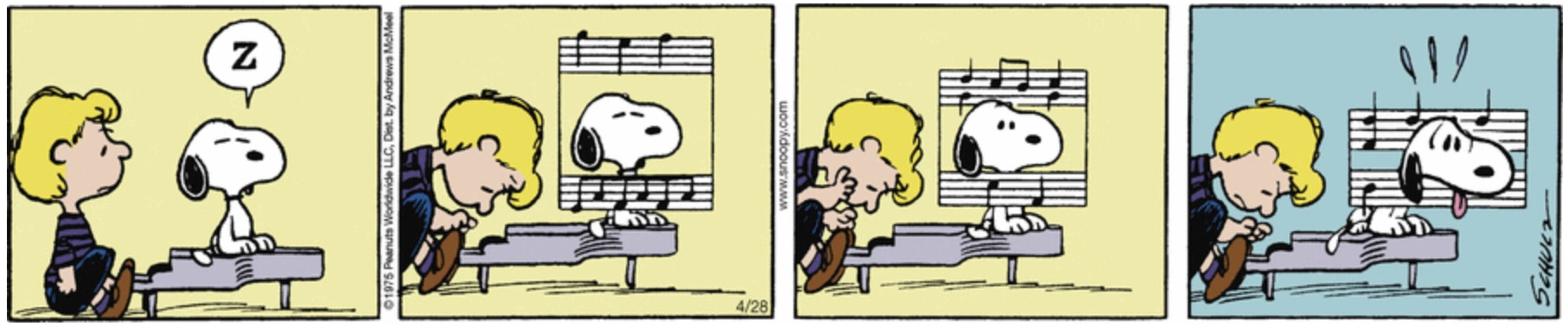 Peanuts, Snoopy gets his head stuck in the musical notes that Schroeder is playing on his piano.