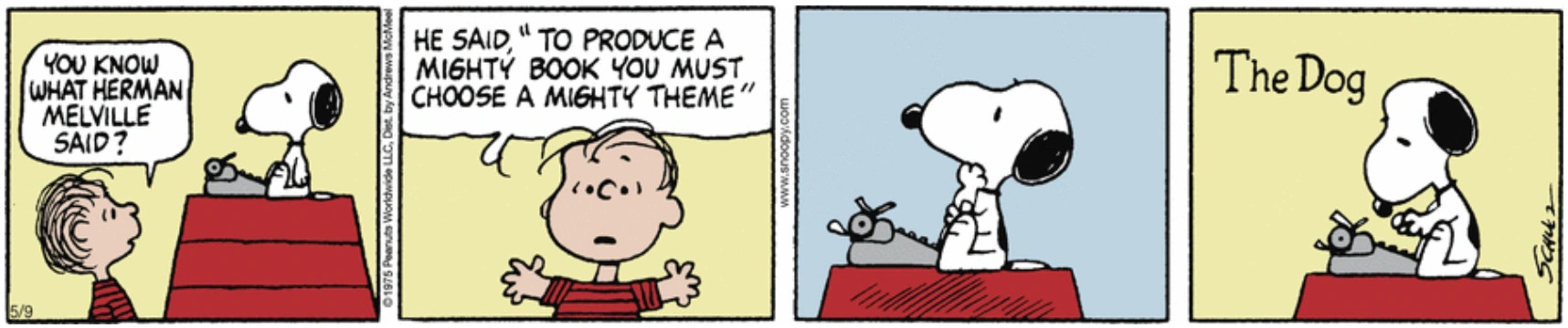 Linus talking to Snoopy, giving him writing advice via a Herman Melville quote.