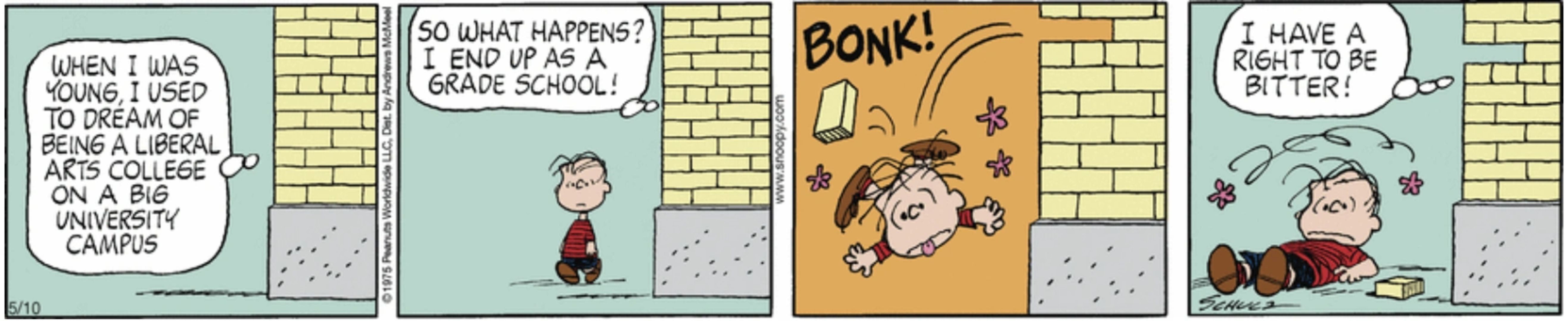 Linus getting hit in the head with a brick, as the Peanuts' school building laments its trajectory in life.