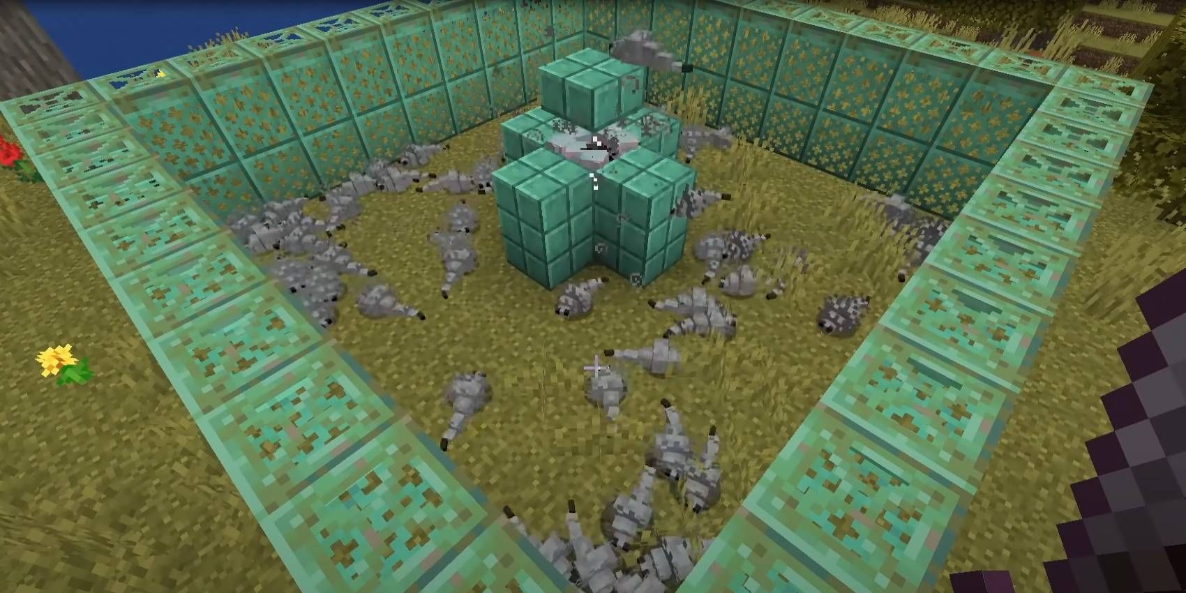Fazenda Allay Infinite XP infestada de Minecraft usando peixes prateados gerados em Poção de Infestação e mob Allay preso constantemente danificado