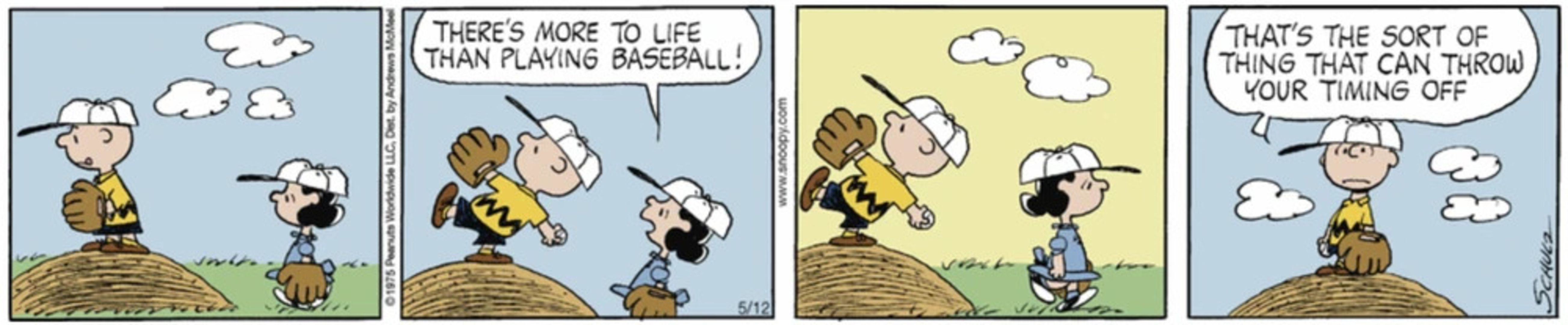 Lucy yelling at Charlie Brown while he's pitching on the baseball field, 