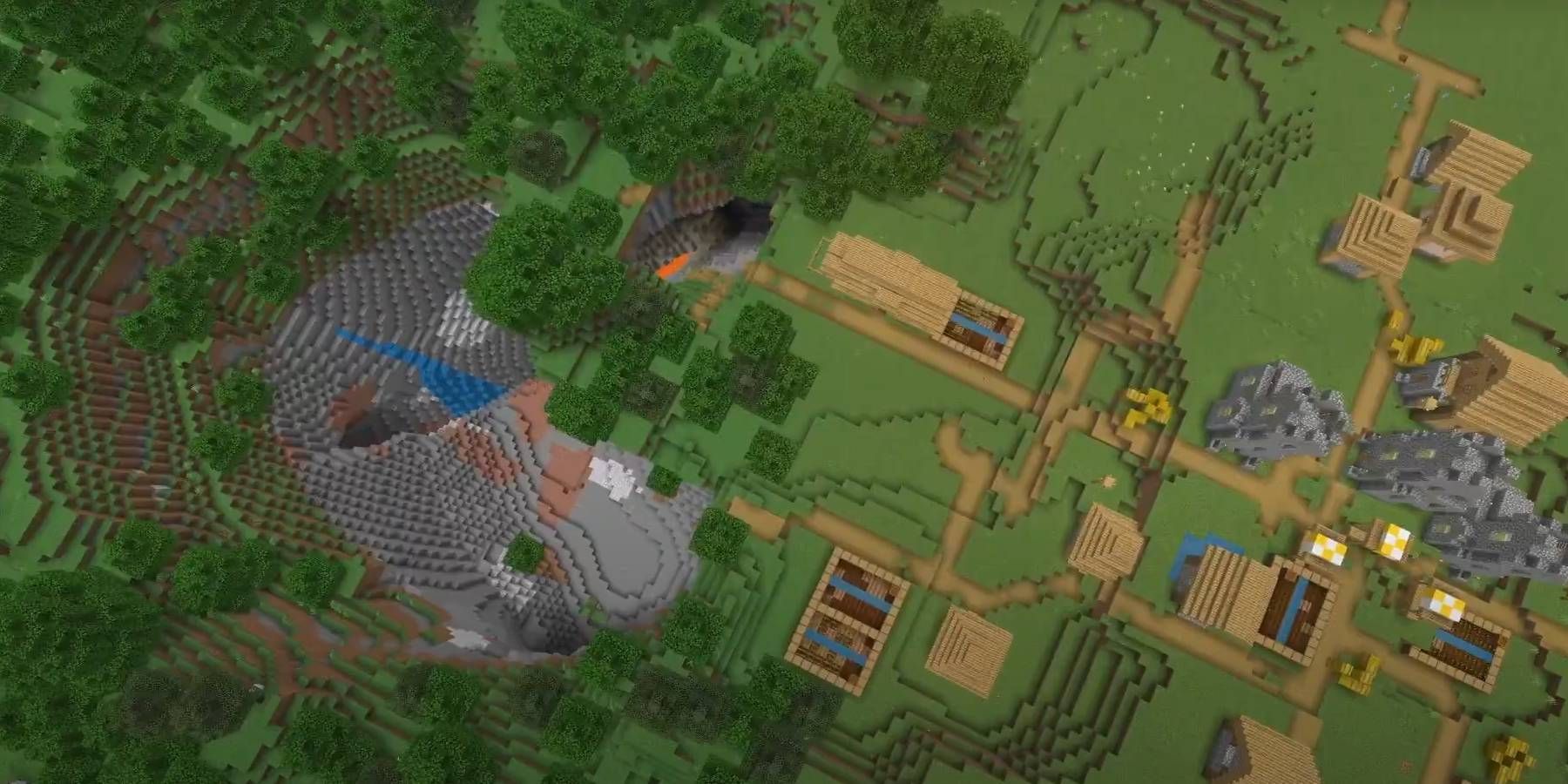 Sistema de caverna grande do Minecraft próximo à vila da semente mundial do Portal do Fim Concluído