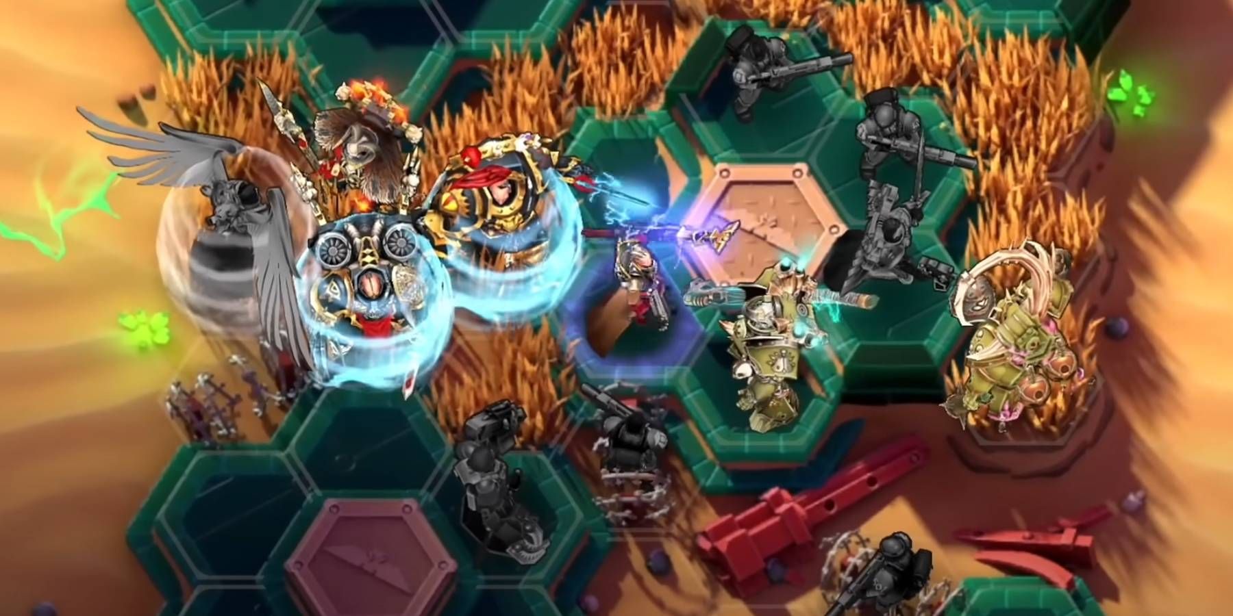 Warhammer Tacticus gameplay with different units in turn-based combat with enemy faction