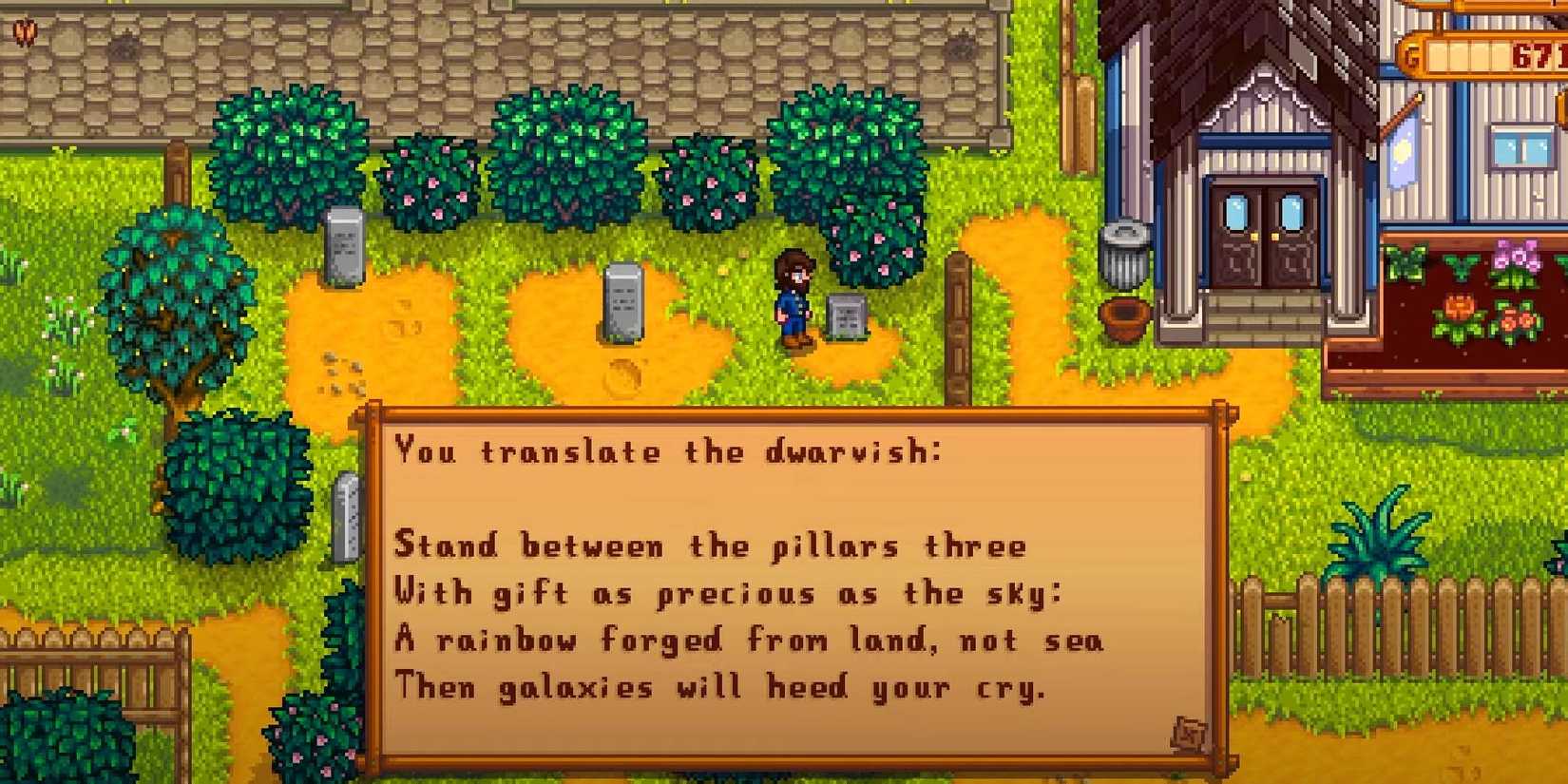 A Stardew Valley farmer using the Dwarvish Translation Guide to interpret the Dwarvish headstone for a riddle that leads to the Galaxy Sword.