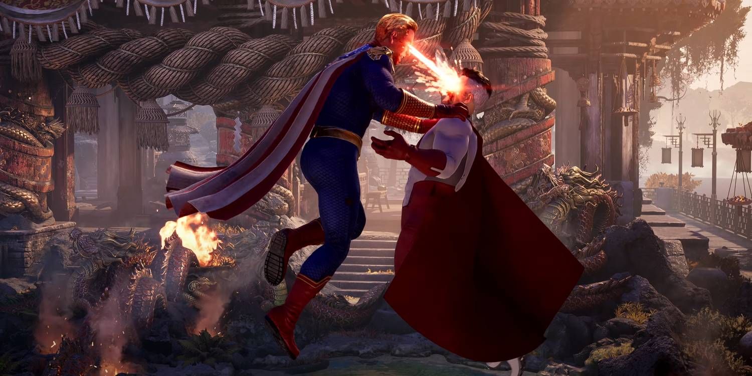 Mortal Kombat 1 Homelander usando lasers oculares para atacar o lutador Omni-Man