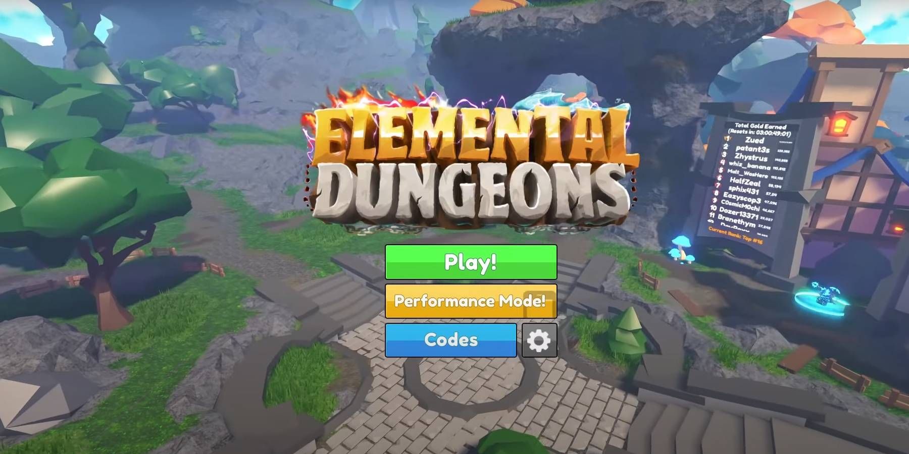 Roblox Elemental Dungeons game title screen with codes option to find new and updated phrases for free rewards