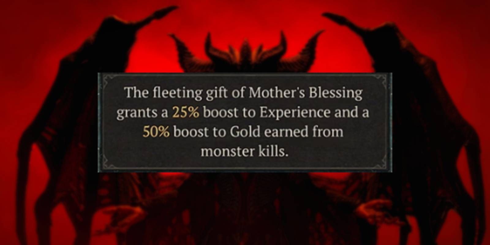 Diablo 4 Bênção da Mãe XP e bônus de aumento de ouro que duram durante toda a descrição do evento por tempo limitado com Lilith em segundo plano