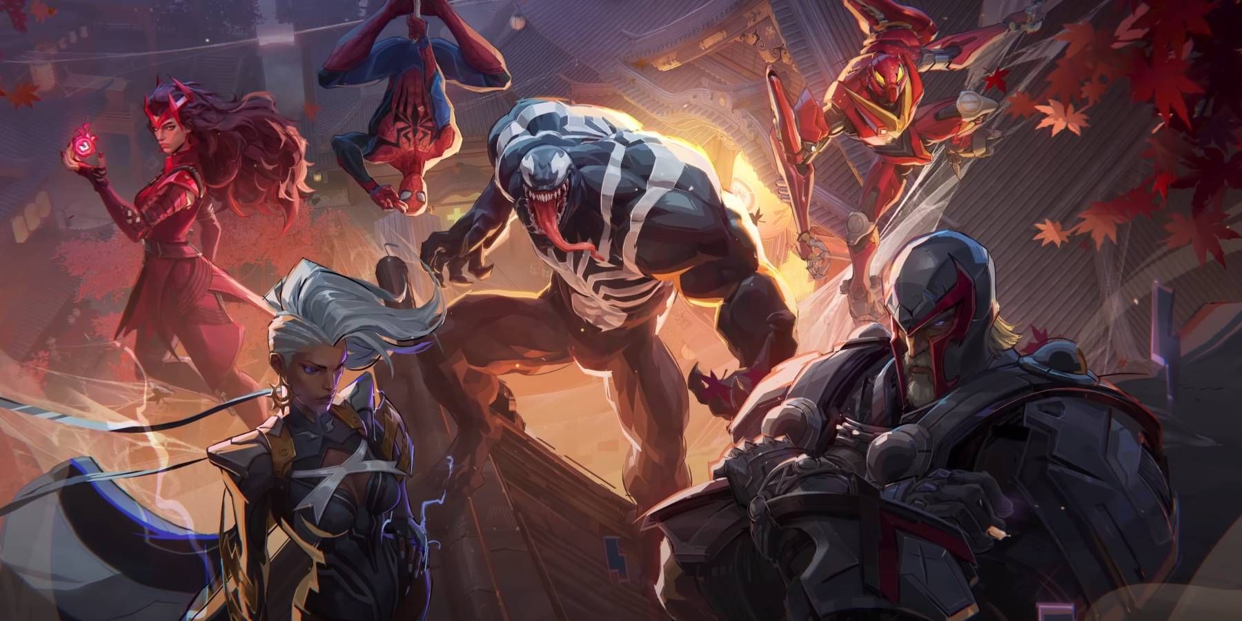 Arte-chave do teste beta fechado do Marvel Rivals do trailer do console, incluindo os personagens Venom, Magneto, Peni Parker, Homem-Aranha, Feiticeira Escarlate e Tempestade