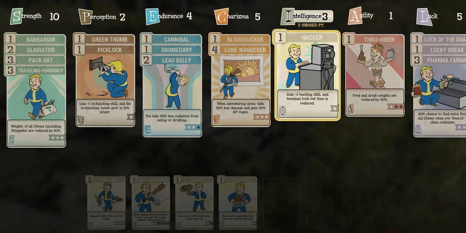 Cartões de vantagens do Fallout 76 usados ​​​​para melhorar o personagem, com vantagens do Hacker destacadas para ajudar a hackear terminais de nível superior
