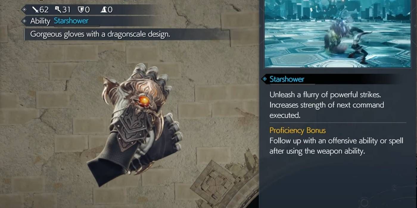Arma FF7 Rebirth Tifa Dragon Claws com habilidades únicas e descrições de bônus de proficiência