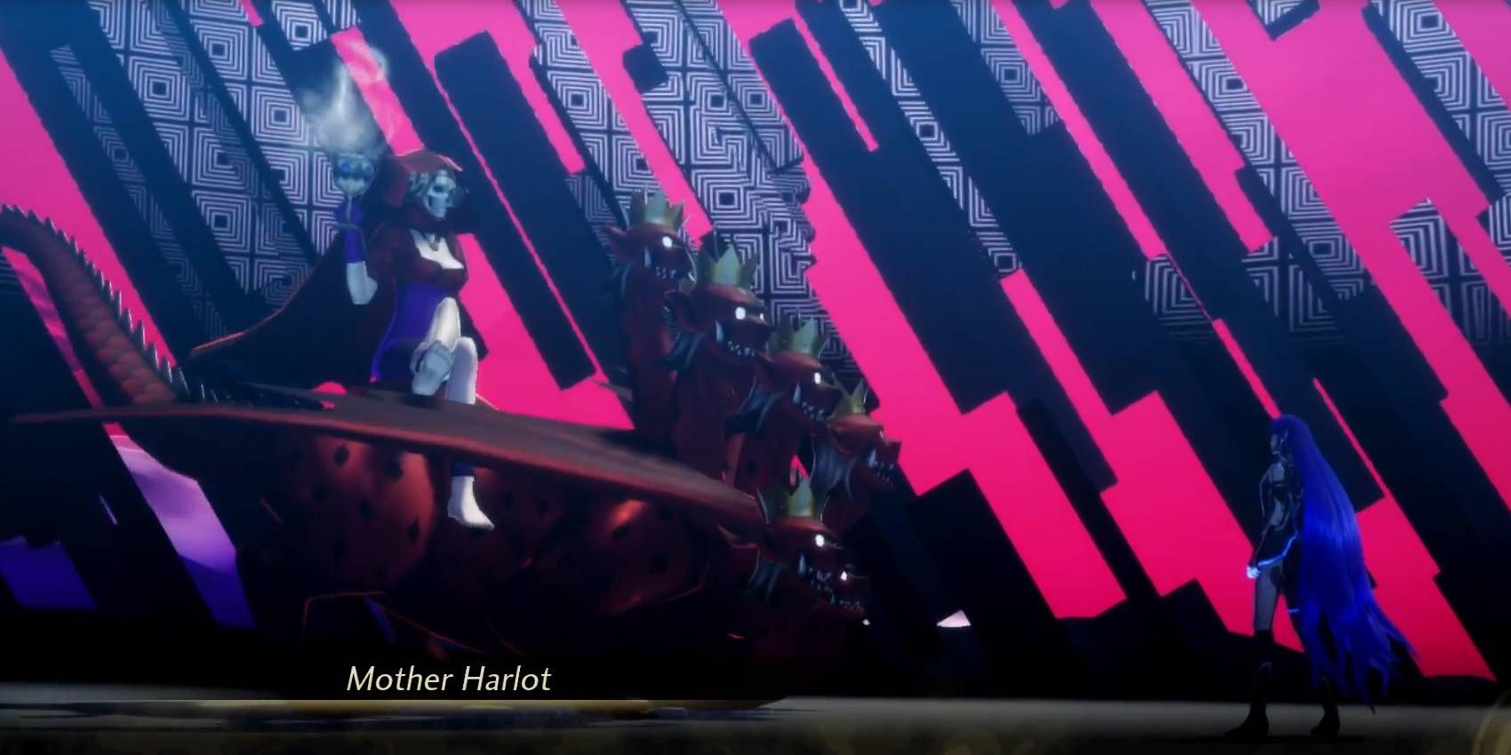 Shin Megami Tensei 5: protagonista de Vengeance enfrentando chefe opcional Mother Harlot