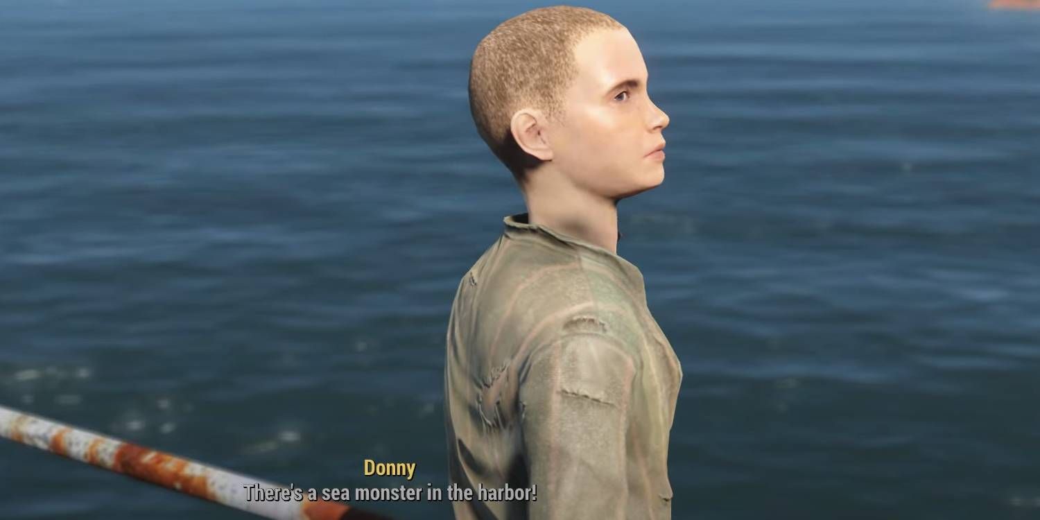 Fallout 4 NPC Donny Kowalski falando sobre um monstro marinho no porto de Boston durante a missão paralela "Here There Be Monsters"