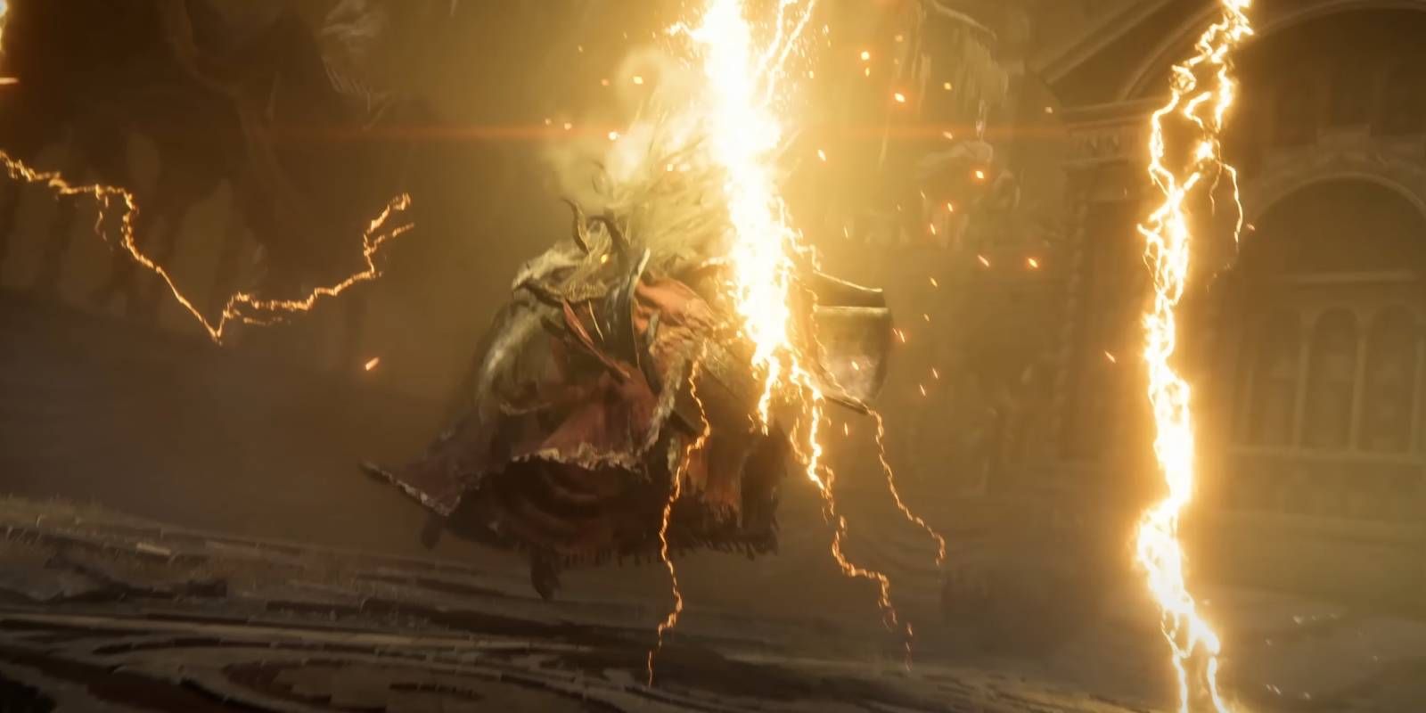 Elden Ring Shadow of the Erdtree Divine Beast Dancing Lion using lightning bolt attack during boss fight