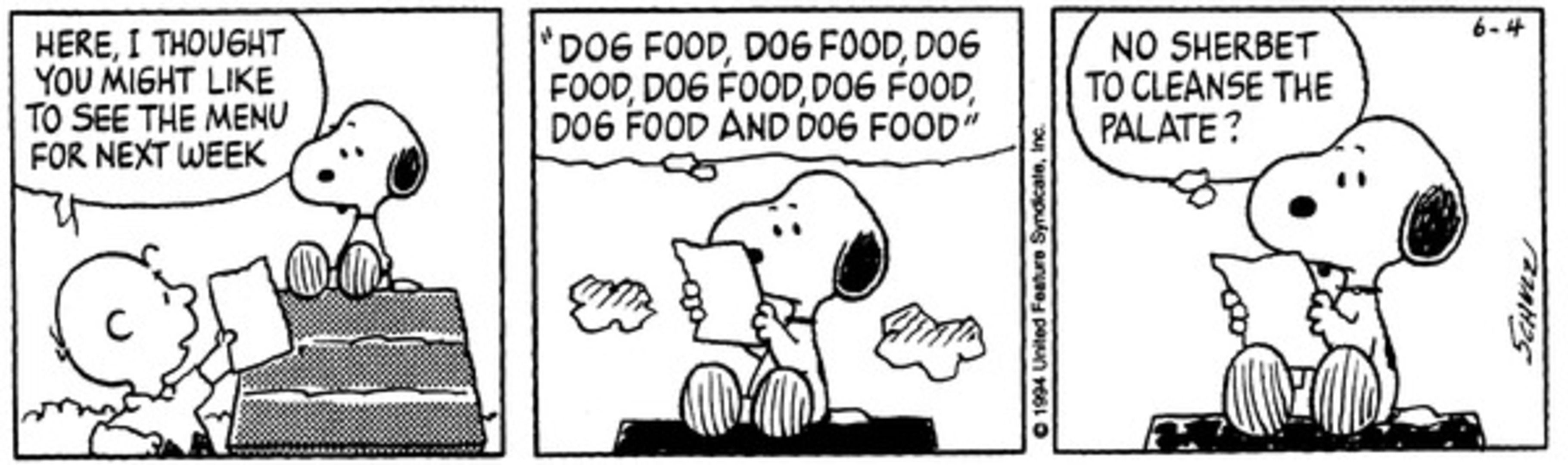 Snoopy recebendo um cardápio semanal de Charlie Brown, listando apenas comida para cachorro.
