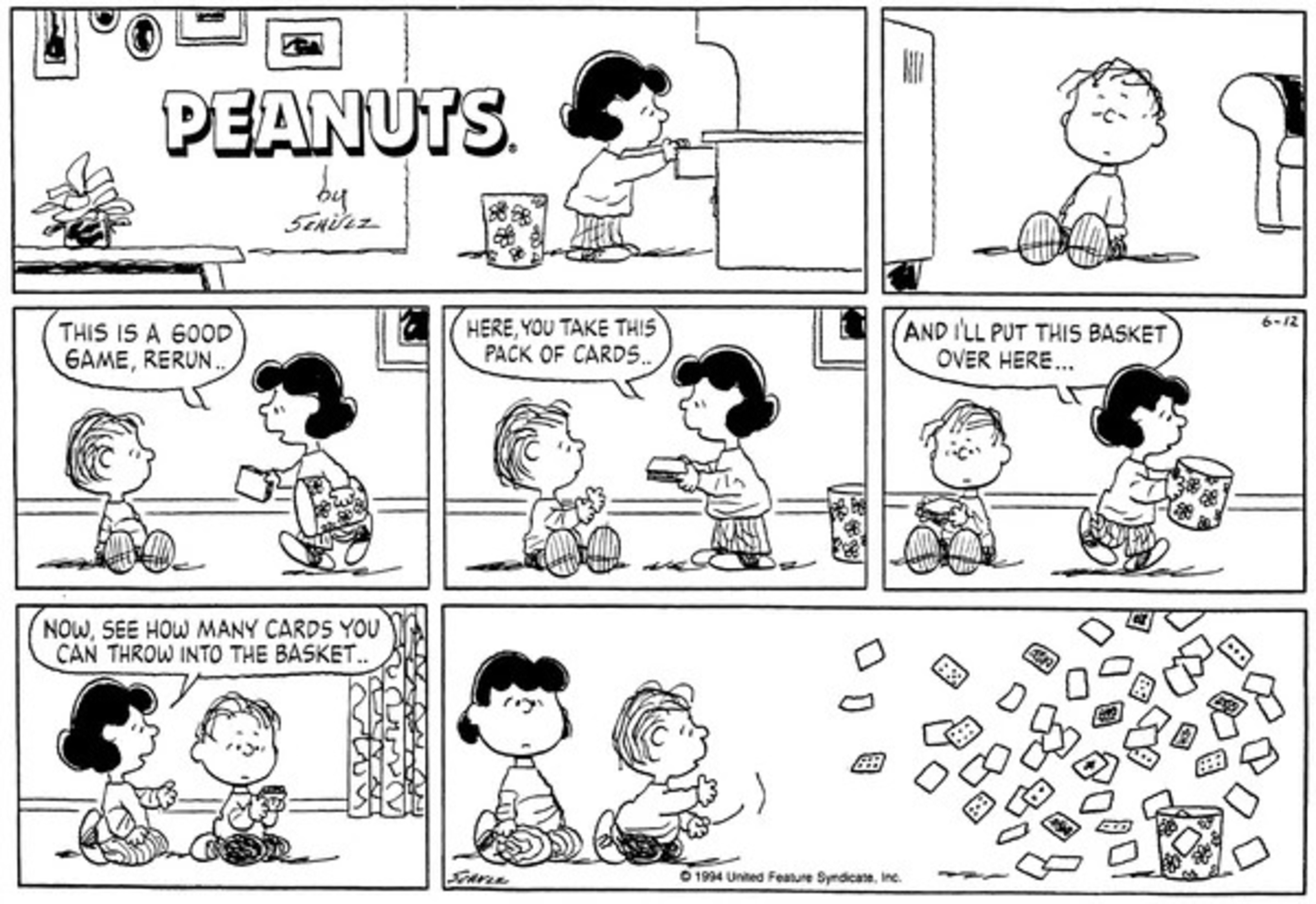 Peanuts, Lucy tenta ensinar Rerun a jogar um jogo, mas ele joga todas as cartas na cesta de uma vez.