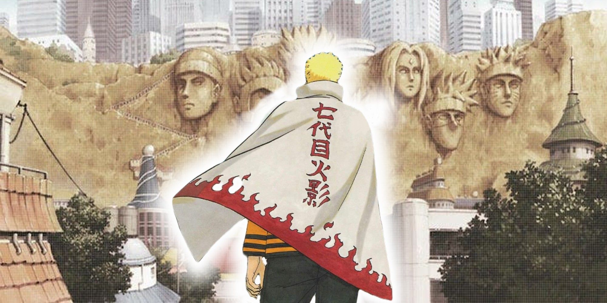 Image of Naruto looking over at the Hokage Stone Face statues