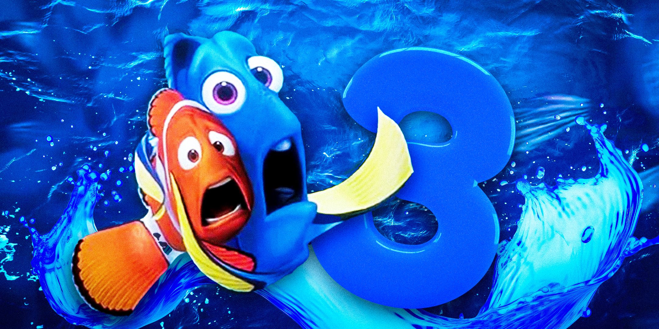Marlin and Dory looking surprised and sad in Finding Nemo next to a blue three