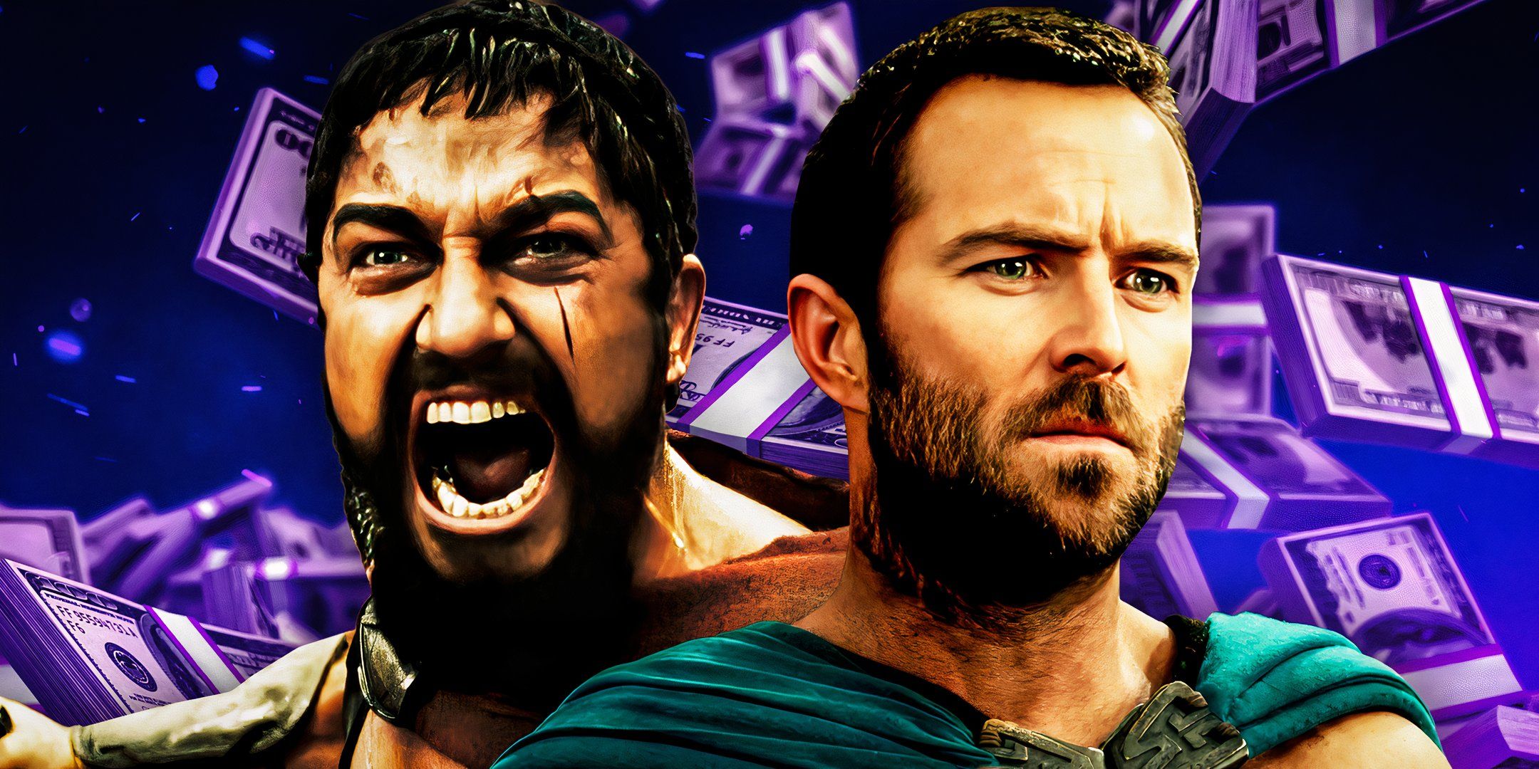 Gerard Butler as Leonidas in 300 and Sullivan Stapleton as Themistocles in 300: Rise of an Empire