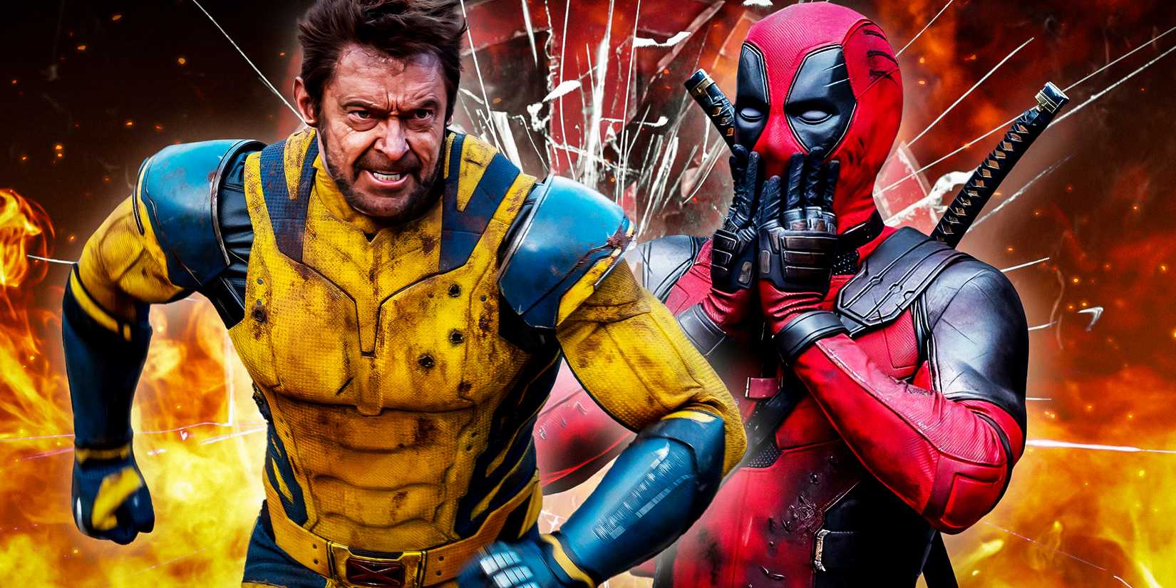 Wolverine runs and Deadpool covers his mouth in Deadpool & Wolverine
