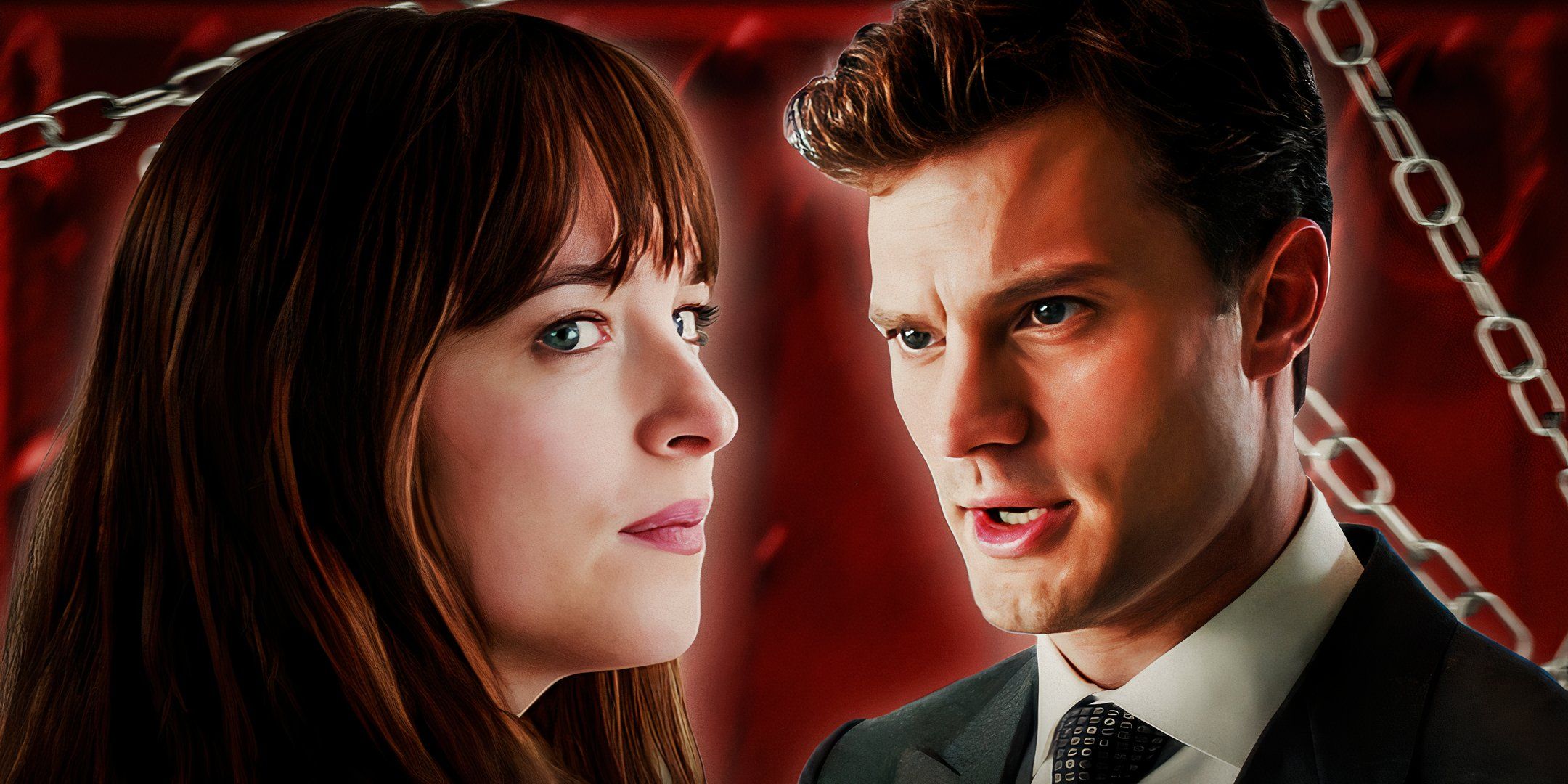 Ana and Christian from Fifty Shades of Grey are in front of chains.