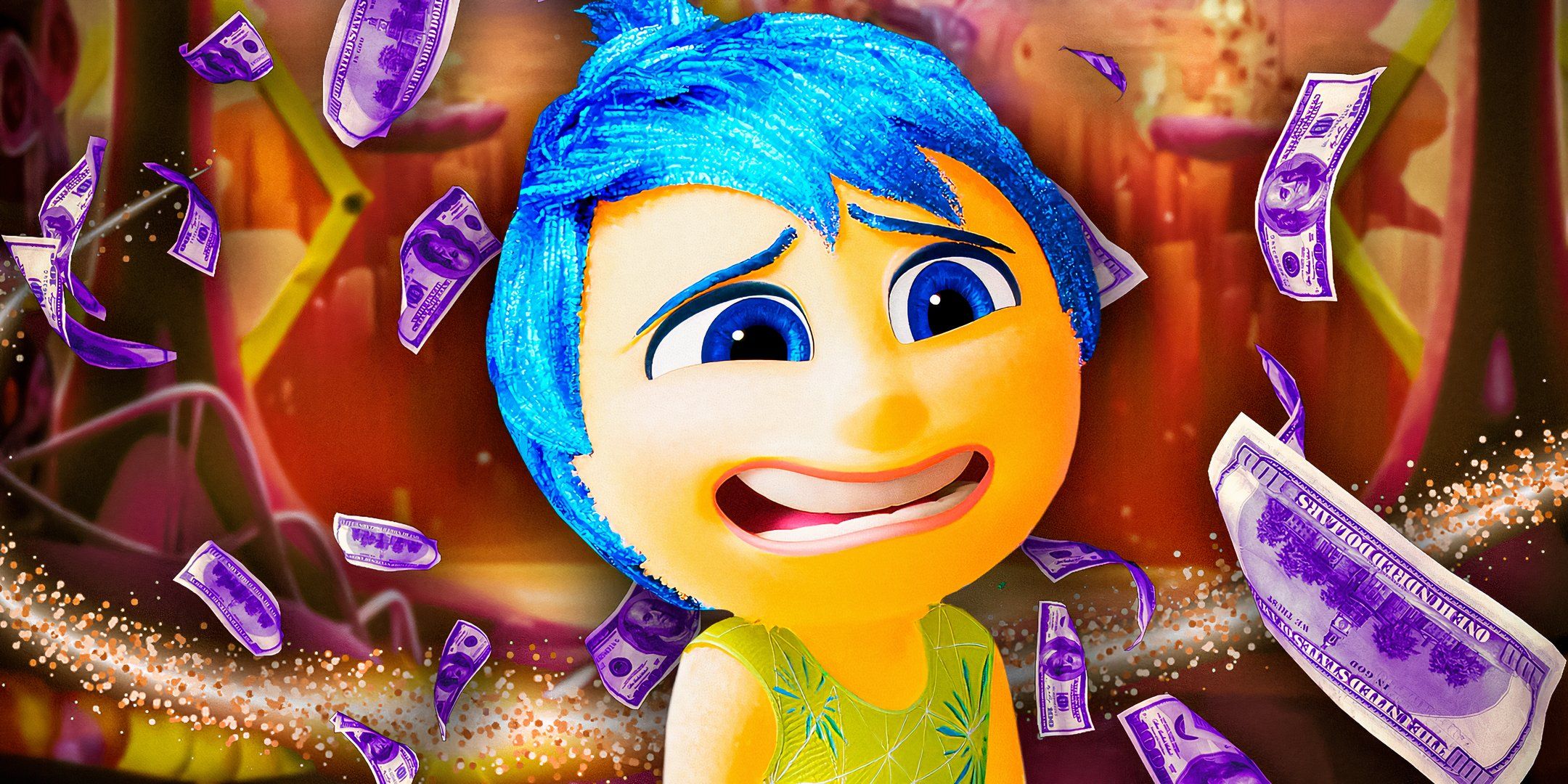 Joy in Inside Out 2 surrounded by money.