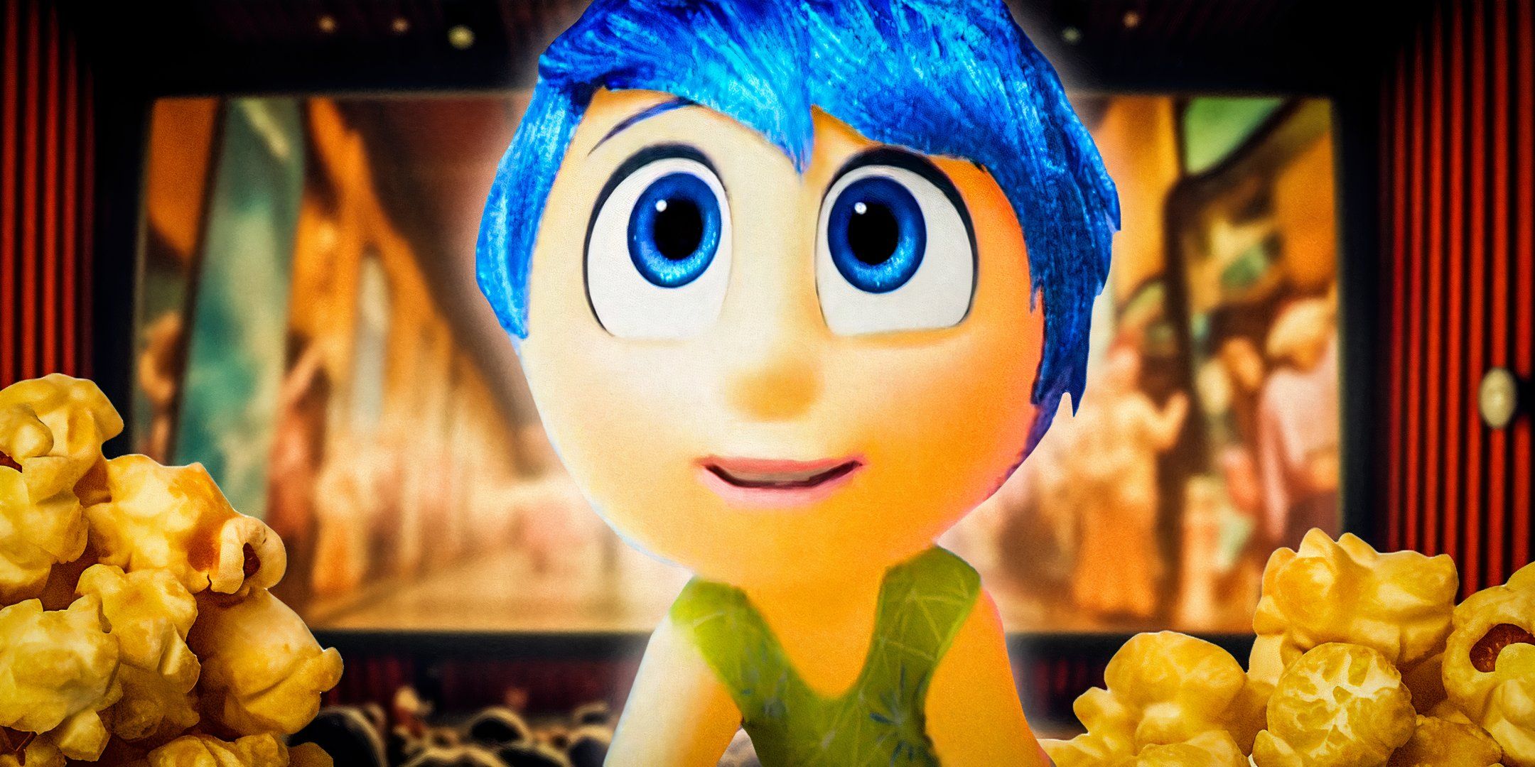 Joy from Inside Out 2 and popcorn and a movie theater
