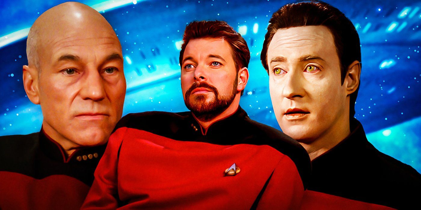 Captain Picard, Commander Riker, and Data from Star Trek: The Next Generation