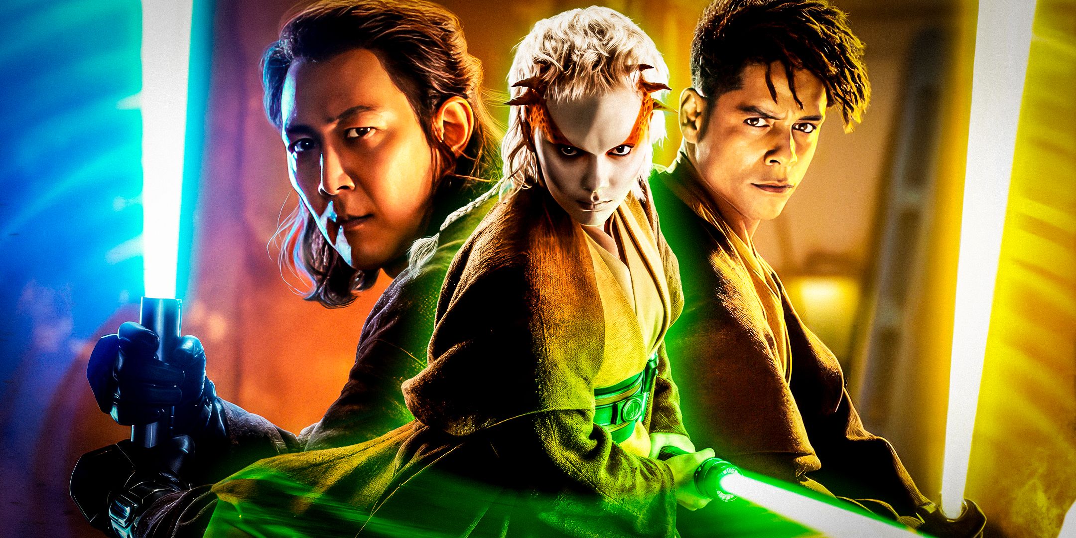 Master Sol, Jecki Lon, and Yord Fandar wielding their lightsabers in character posters for The Acolyte 
