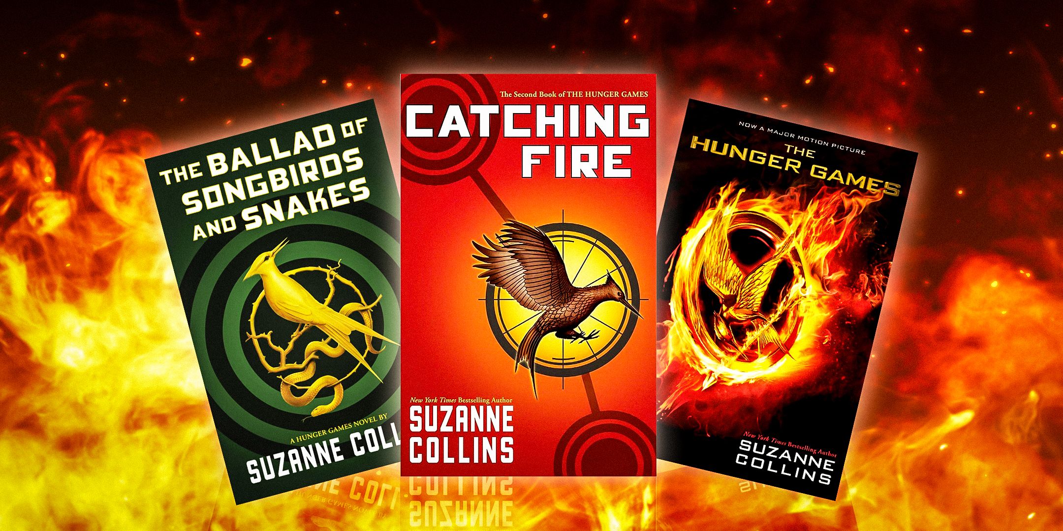 The covers of The Ballad of Songbirds and Snakes, Catching Fire, and The Hunger Games against a fiery background