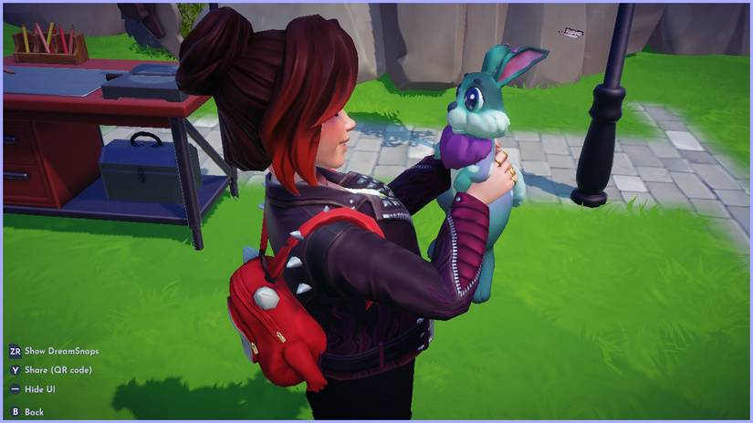Player holding up the Inside Out 2 Envy Rabbit Companion in Disney Dreamlight Valley