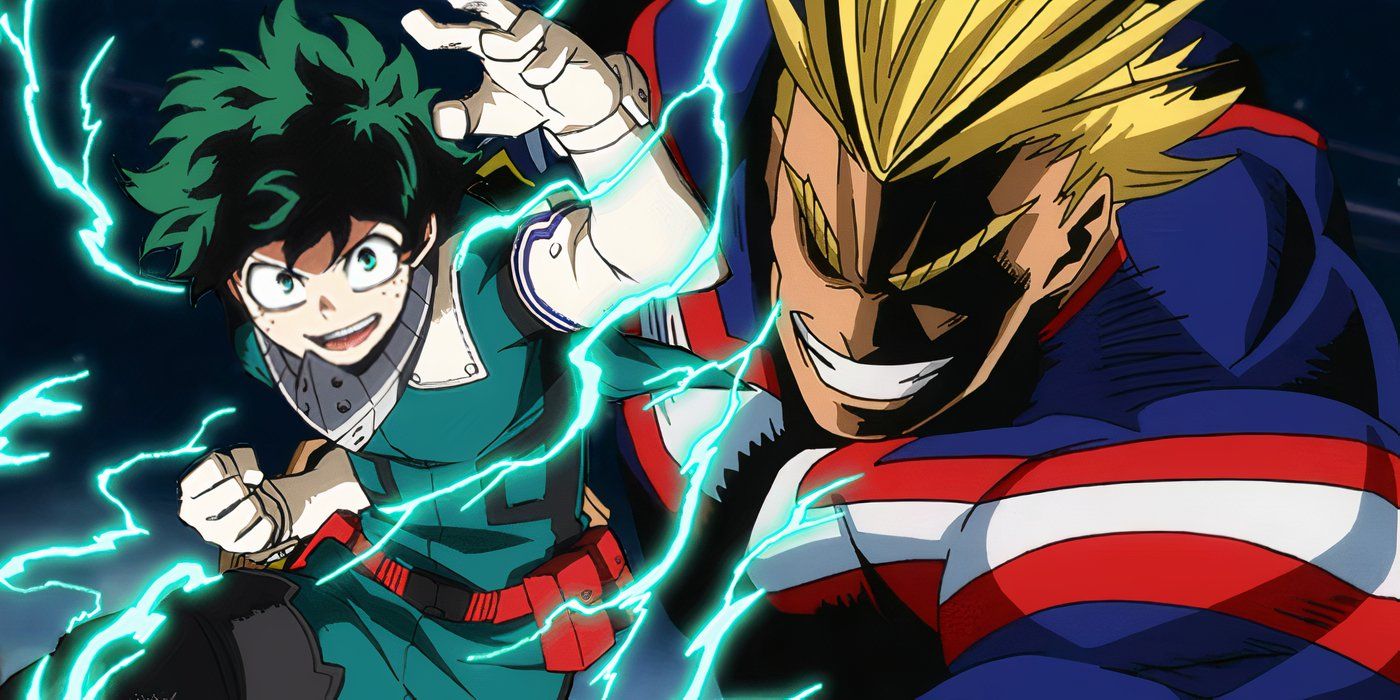 Deku using his Quirk and All Might in My Hero Academia 