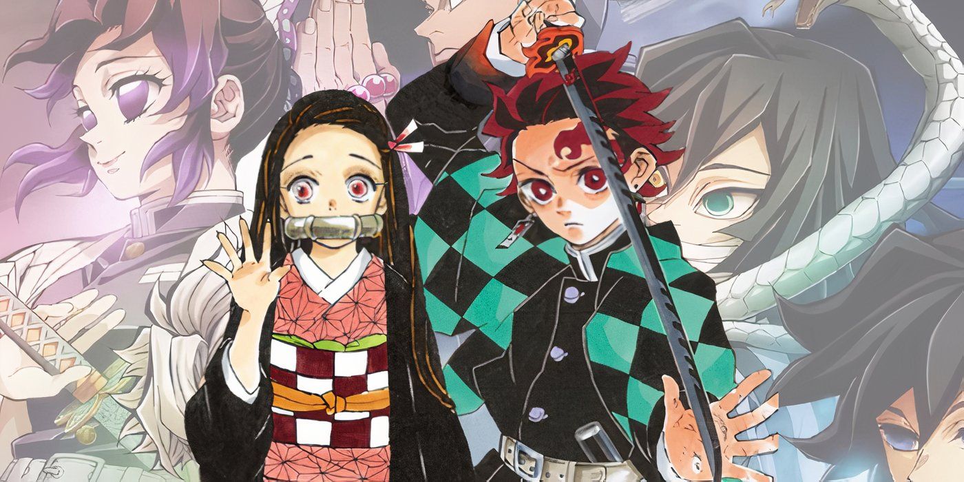 Tanjiro and Nezuko stand amidst a background featuring the Hashira in Demon Slayer
