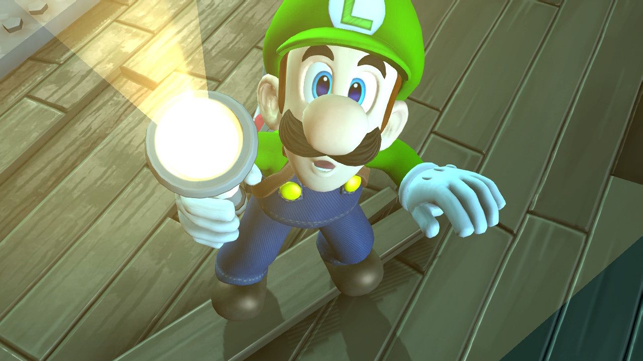 Luigi pointing his flashlight up in Luigi's Mansion 2 HD