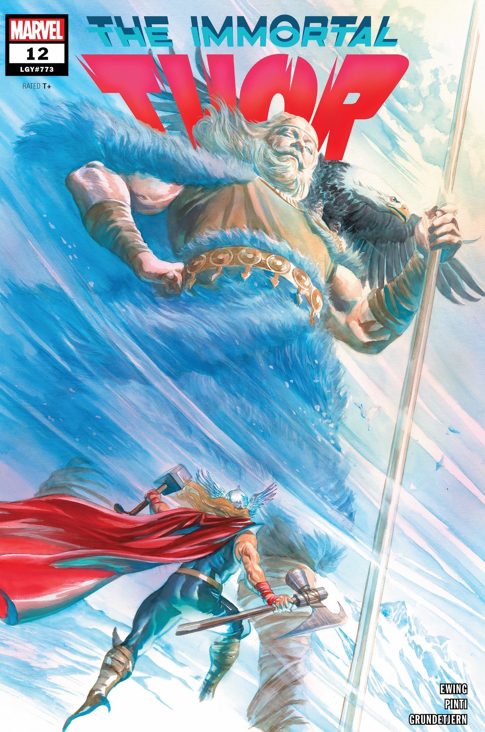Immortal Thor #12, apresentando Thor aos pés do gigante Utgard-Odin conhecido como Bari.