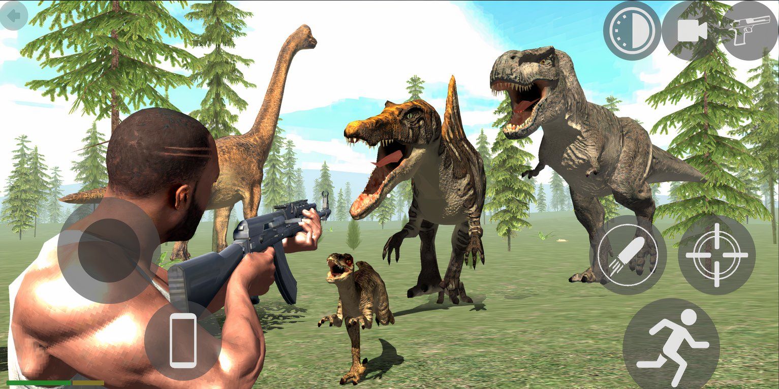 Imagem de um homem com uma AK-47 atirando em dinossauros.