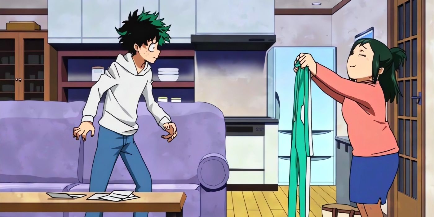 Inko gifting Deku his first Hero costume, which she made herself by hand.