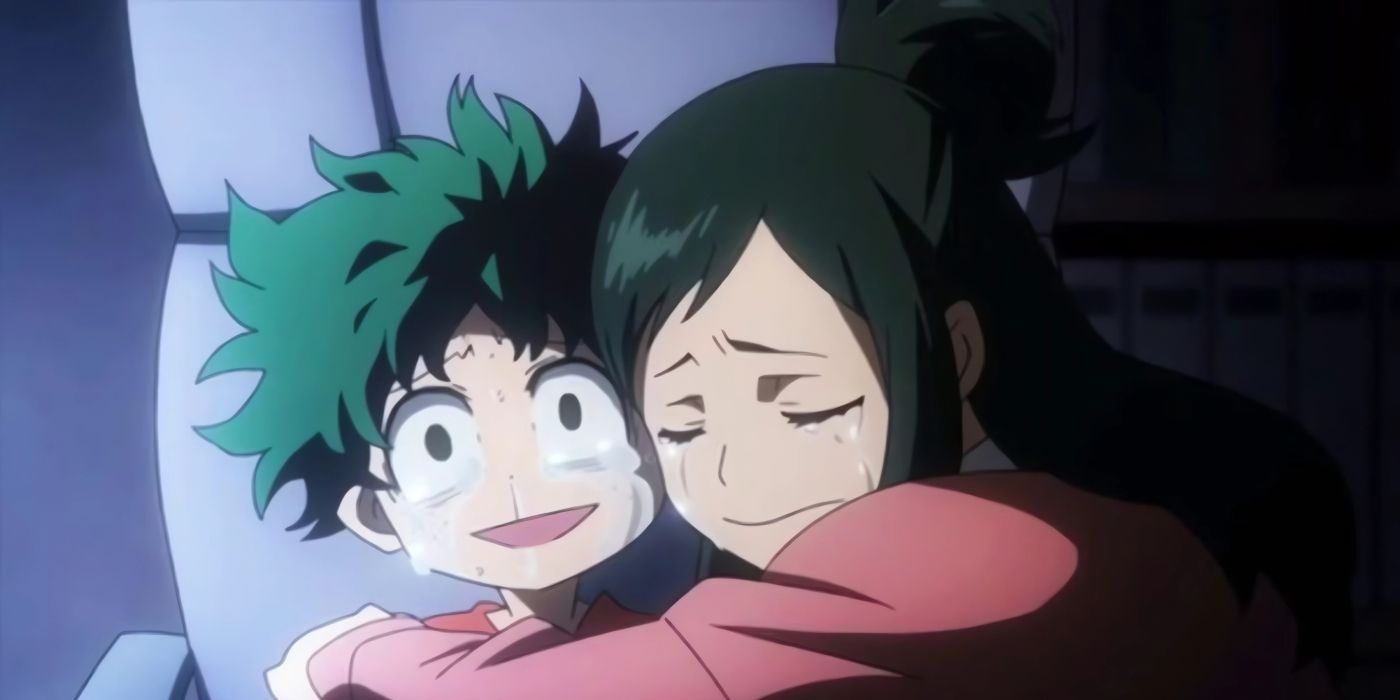 Inko hugs a crying Deku after the young boy was diagnosed as Quirkless.