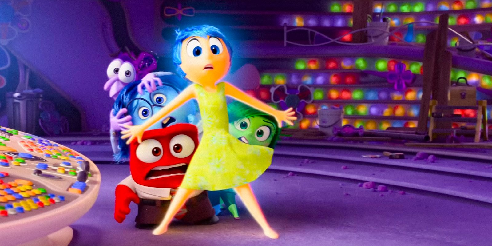 Joy protecting the other emotions in the headquarters in Inside Out 2