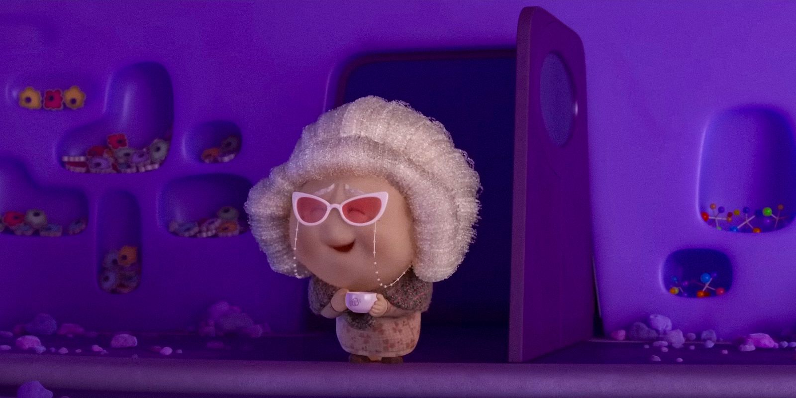 Nostalgia as an old lady with a bun and pink glasses, holding a teacup in Inside Out 2