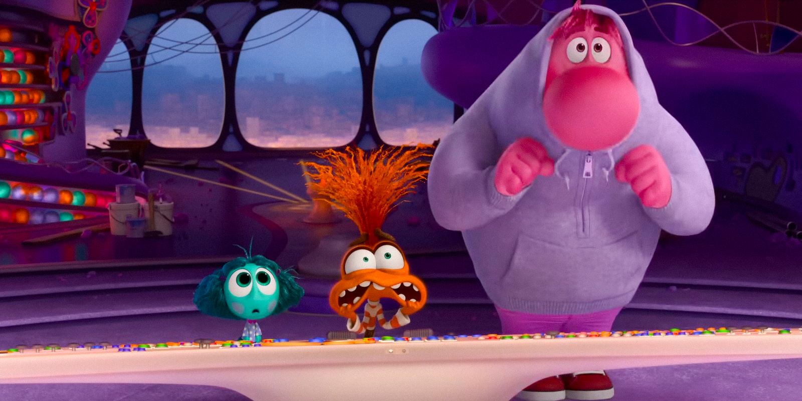 Envy, Anxiety, and Embarrassment in the headquarters in charge of the control panel in Inside Out 2