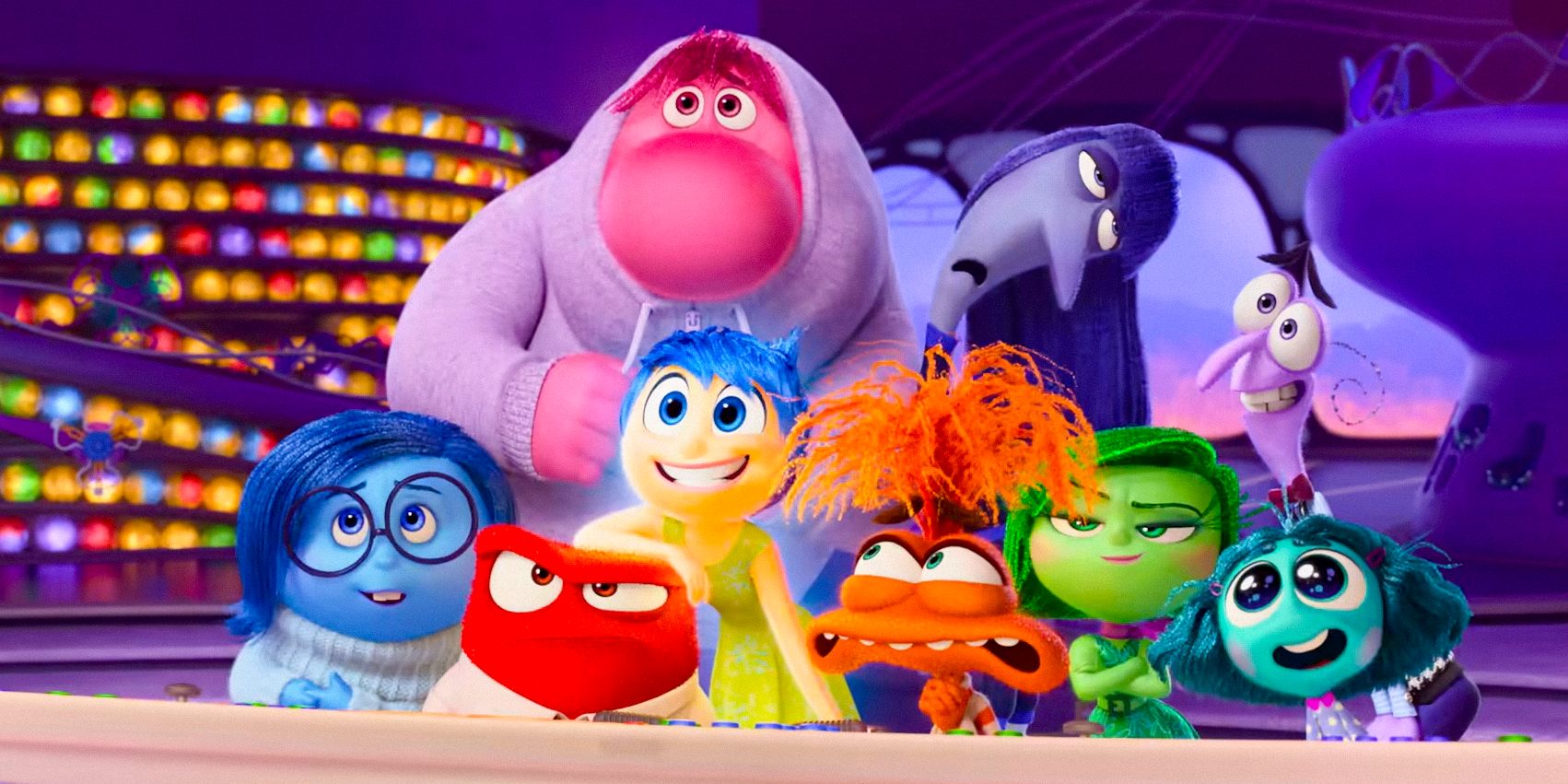 Embarrassment, Ennui, Sadness, Anger, Joy, Anxiety, Disgust, Envy, and Fear posing for a selfie in Inside Out 2