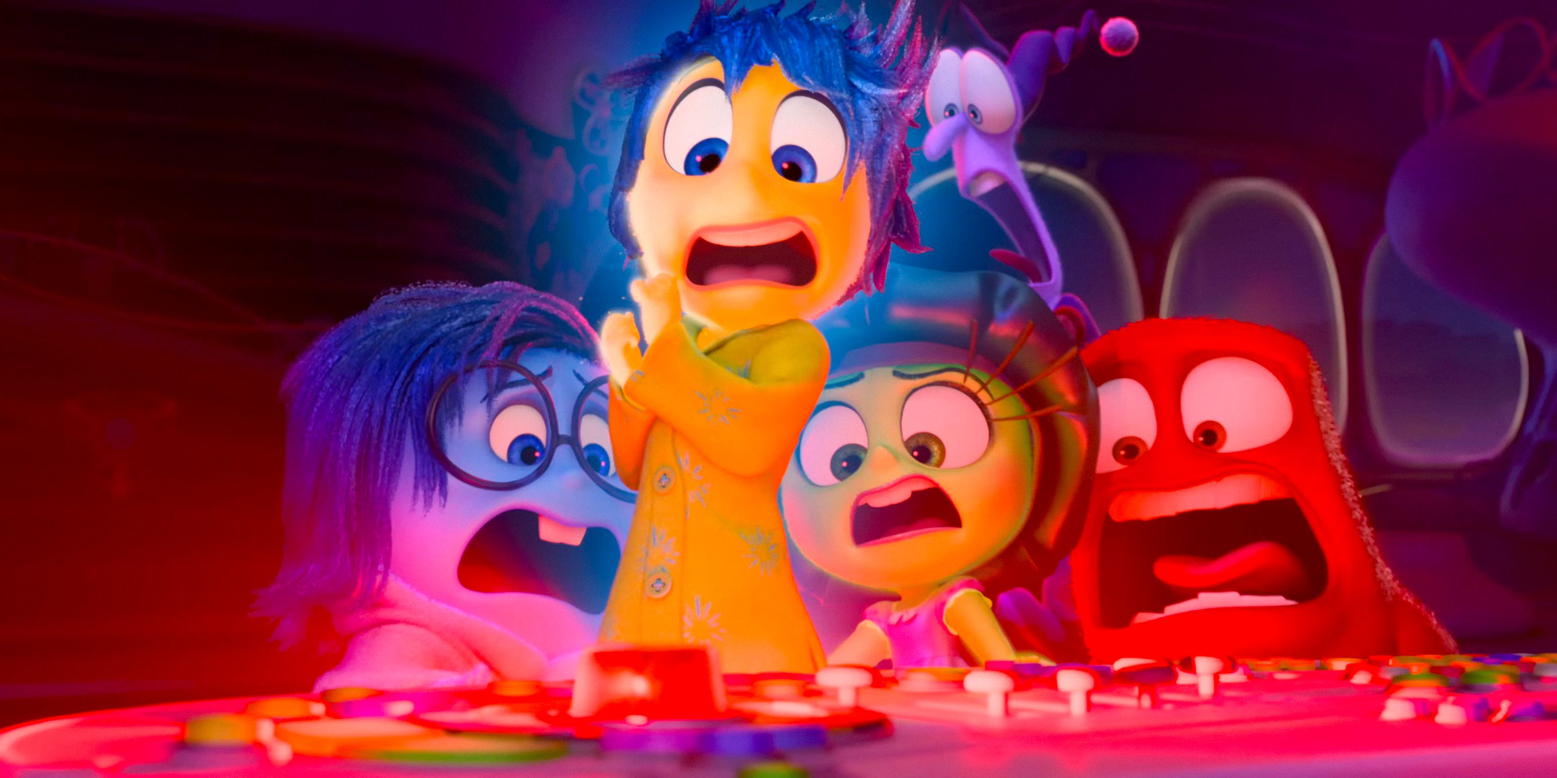 Sadness,Joy, Disgust, Fear, and Anger scared upon seeing an alert light on the control panel in Inside Out 2