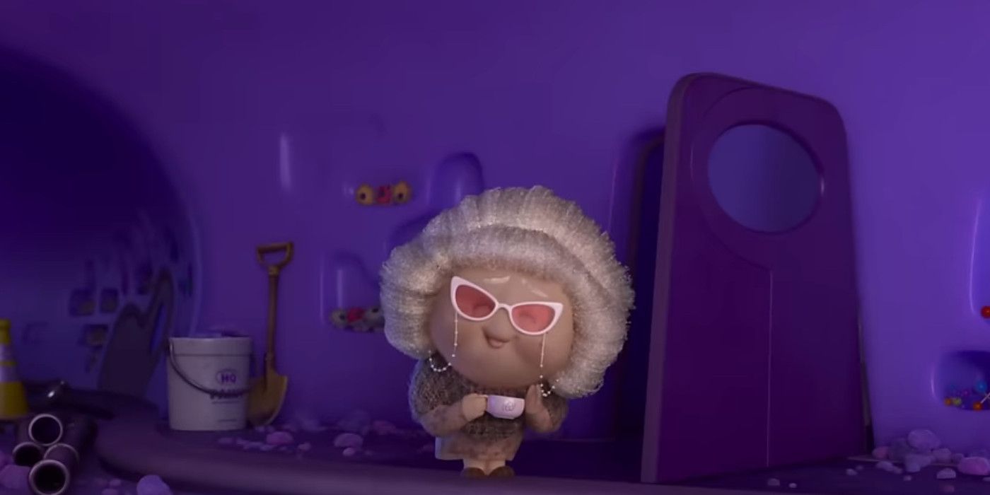 Inside Out 2 Nostalgia as an old lady with a bun and pink glasses, holding a teacup