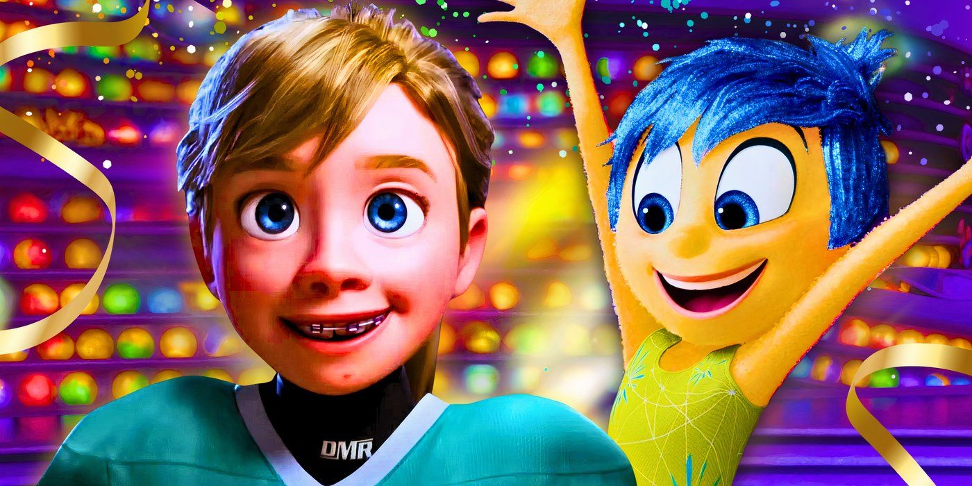 Riley smiling at hockey and Joy (Amy Poehler) looking thrilled from Inside Out 2