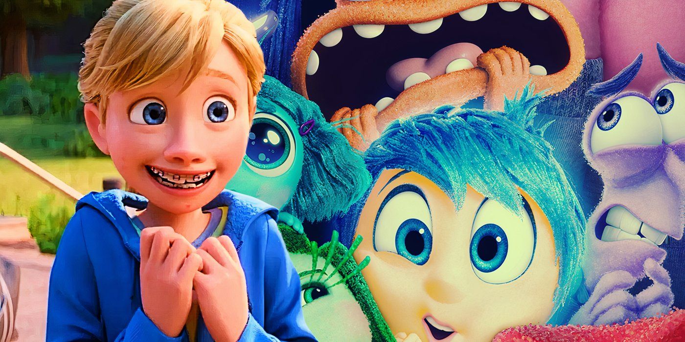 A composite image of Riley looking excited in front of the emotions crammed together in a small space in Inside Out 2