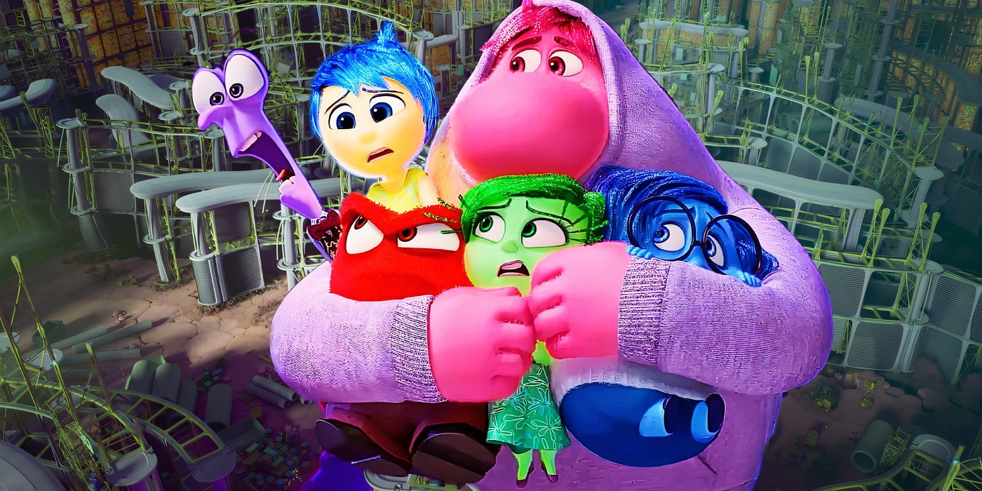 The entire cast of emotions in Inside Out 2 hugging in a custom image