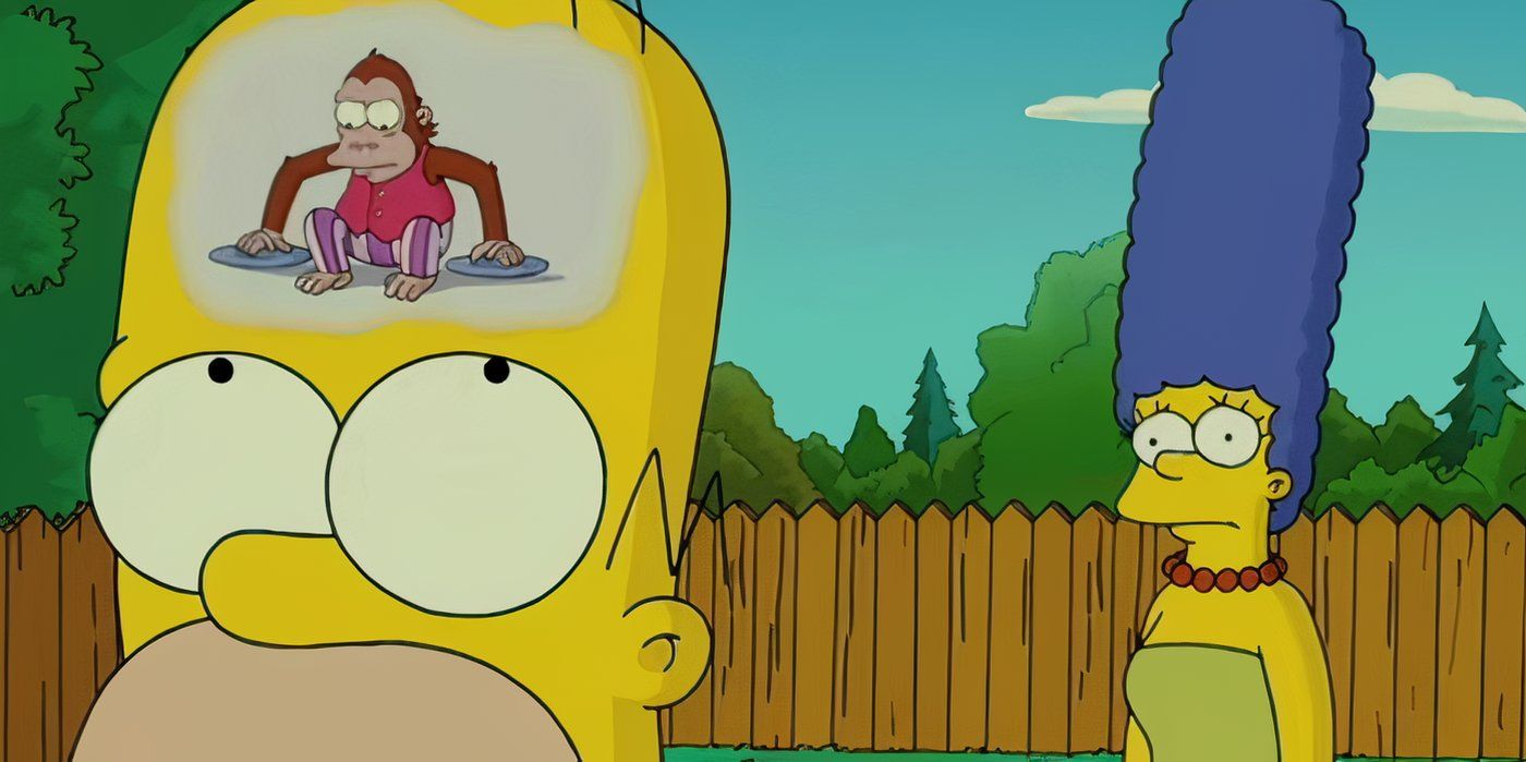 Inside Homer Simpsons brain while Marge looks disappointedly on in The Simpsons.