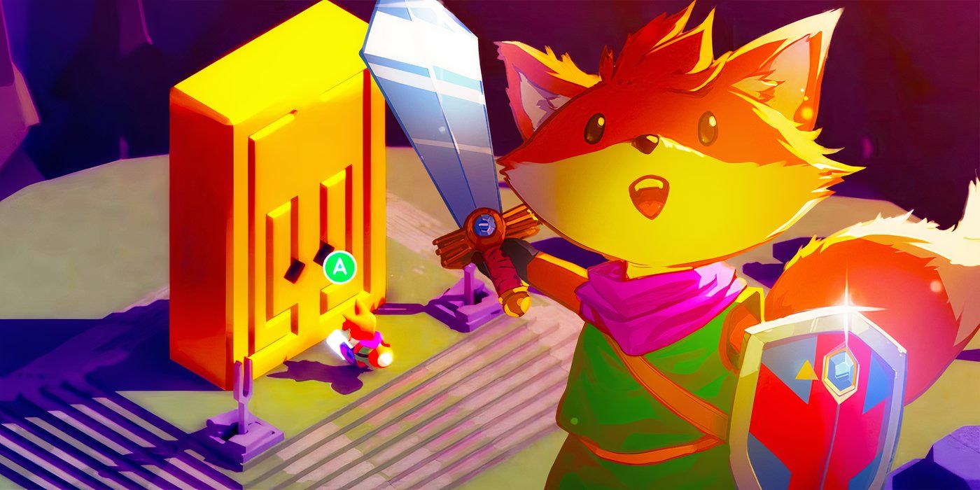 Fox from Tunic interacting with an Instruction Page in the background