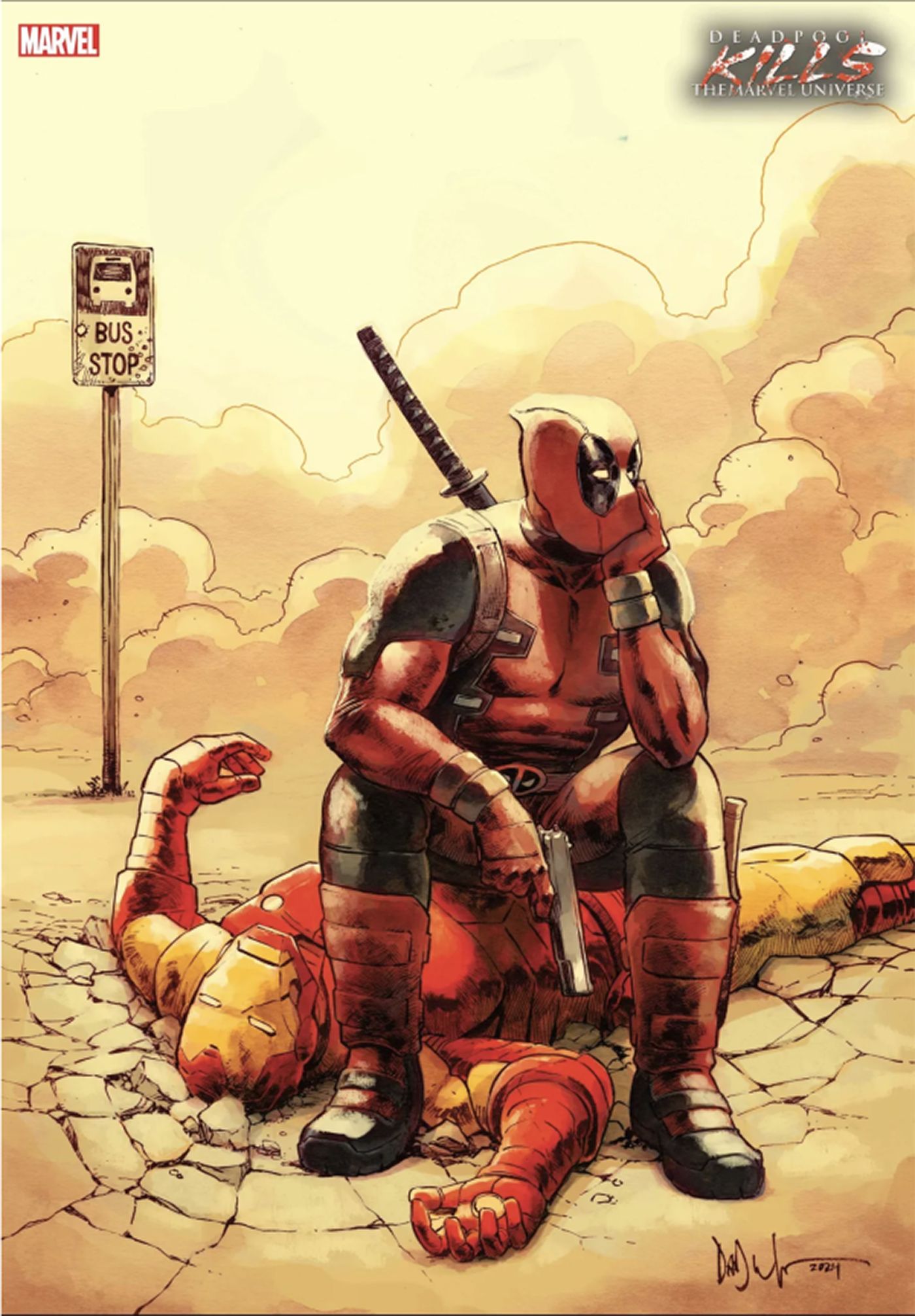 Deadpool sits on top of the corpse of Iron Man, gun in hand, waiting for a bus.